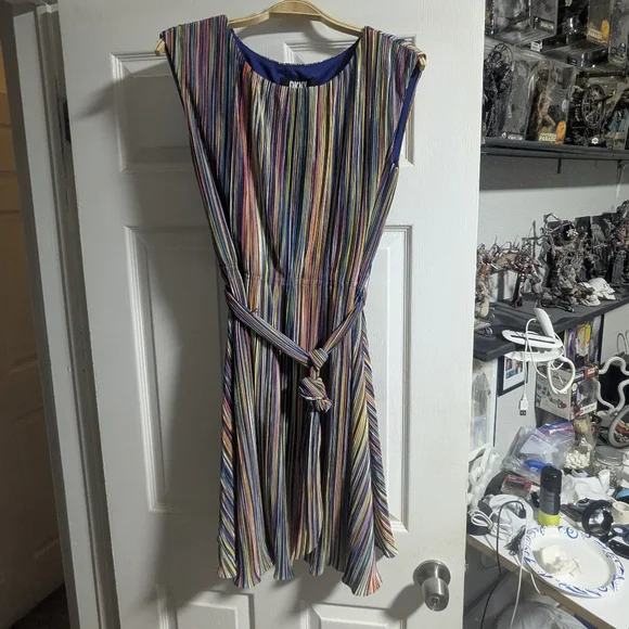 DKNY Vibrant Striped Fit And Flare Dress W/ Belt - Picture 2 of 9